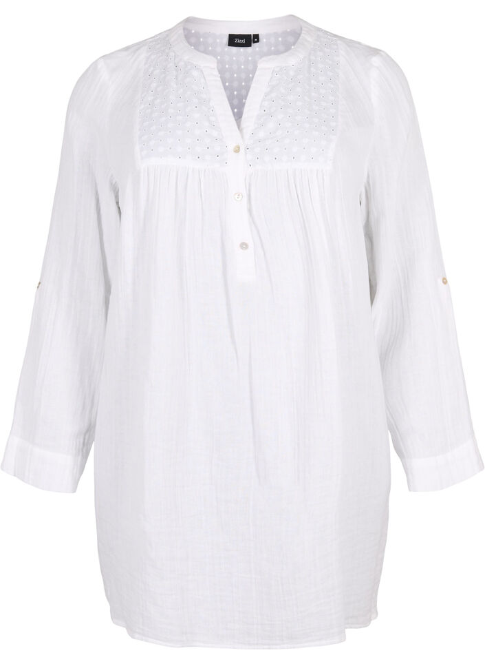 Cotton tunic with anglaise embroidery, Bright White, Packshot image number 0