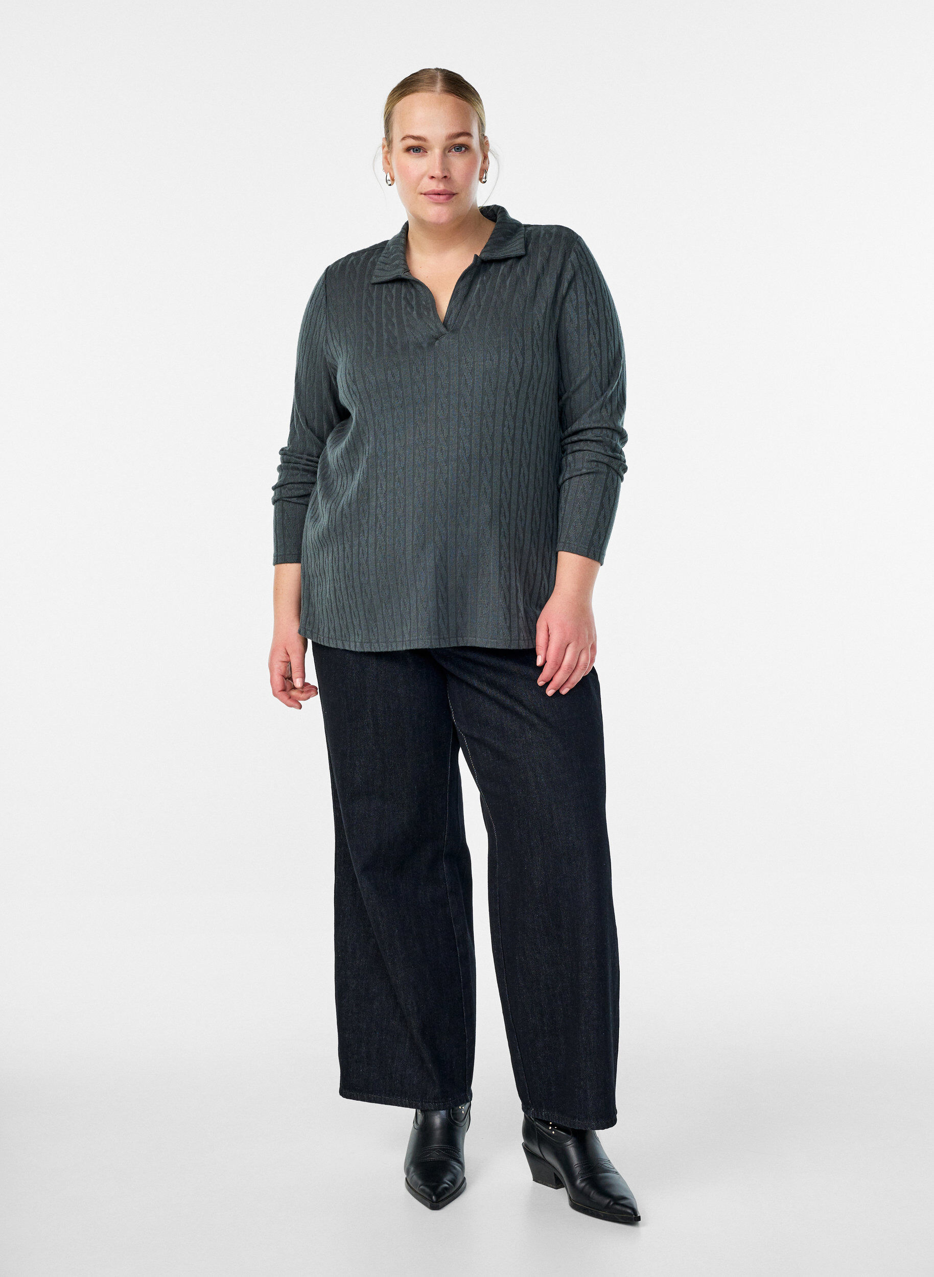 Zizzifashion Jersey blouse with collar and cable pattern, Green, Model image number 1