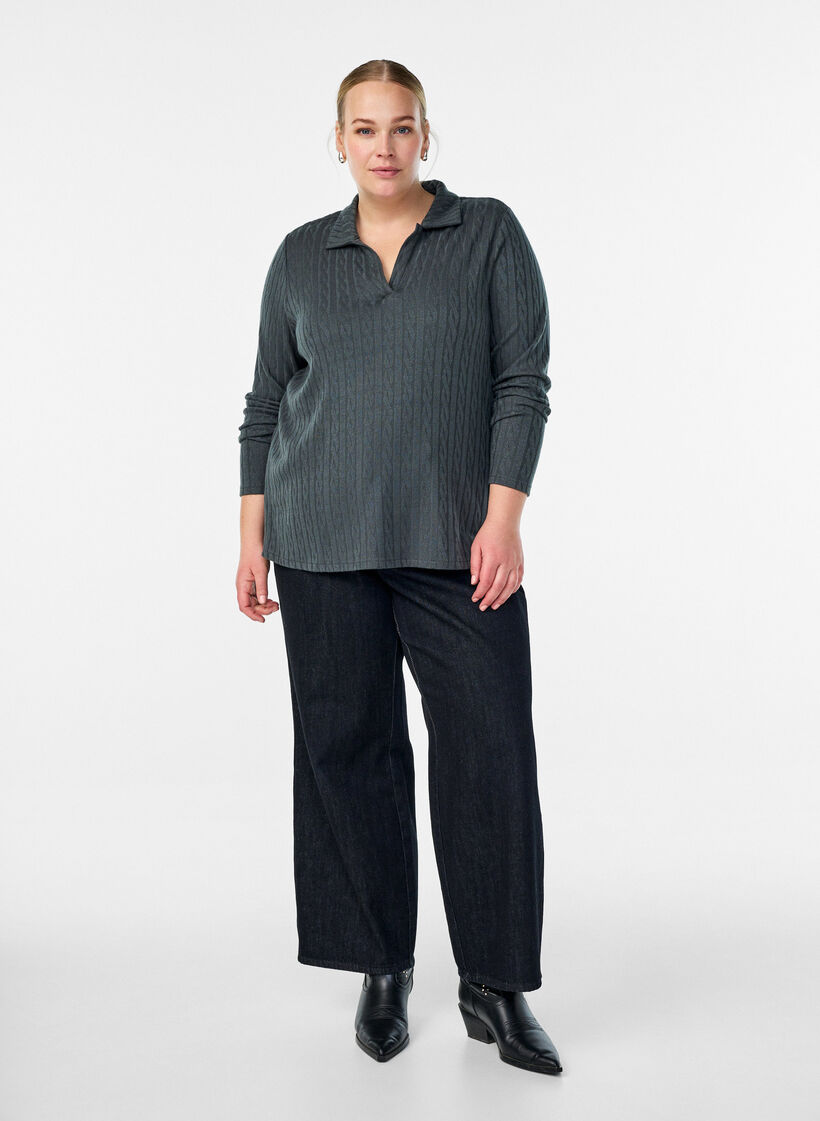 Jersey blouse with collar and cable pattern, Green, Model image number 1