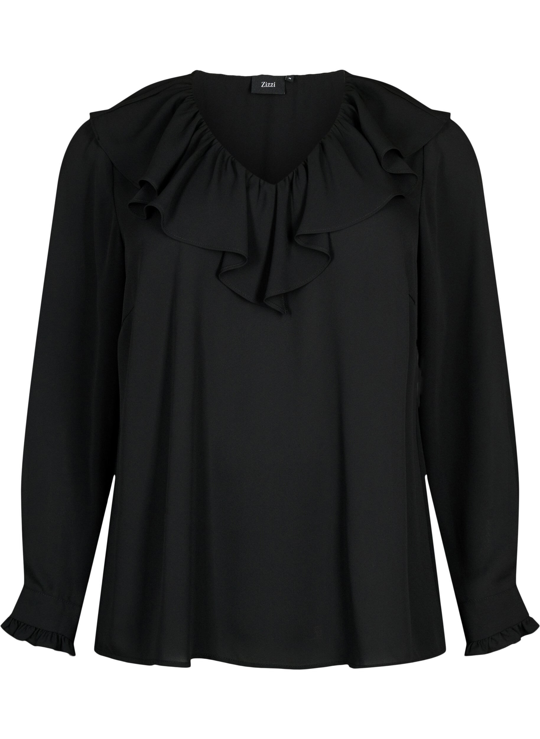 Zizzifashion Long sleeve ruffle blouse, Black, Packshot image number 0