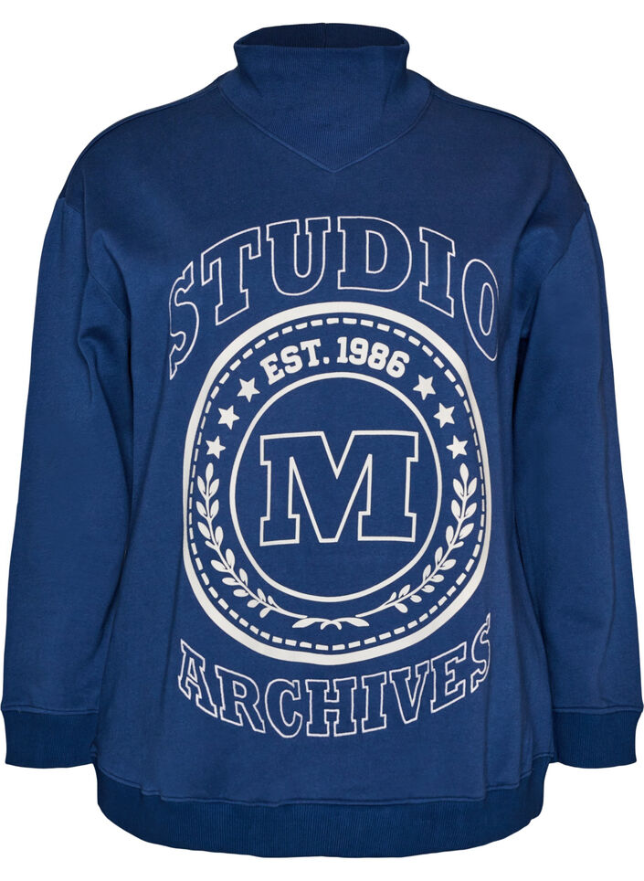 Sweatshirt with a high neck and sporty front motif, Blue, Packshot image number 0