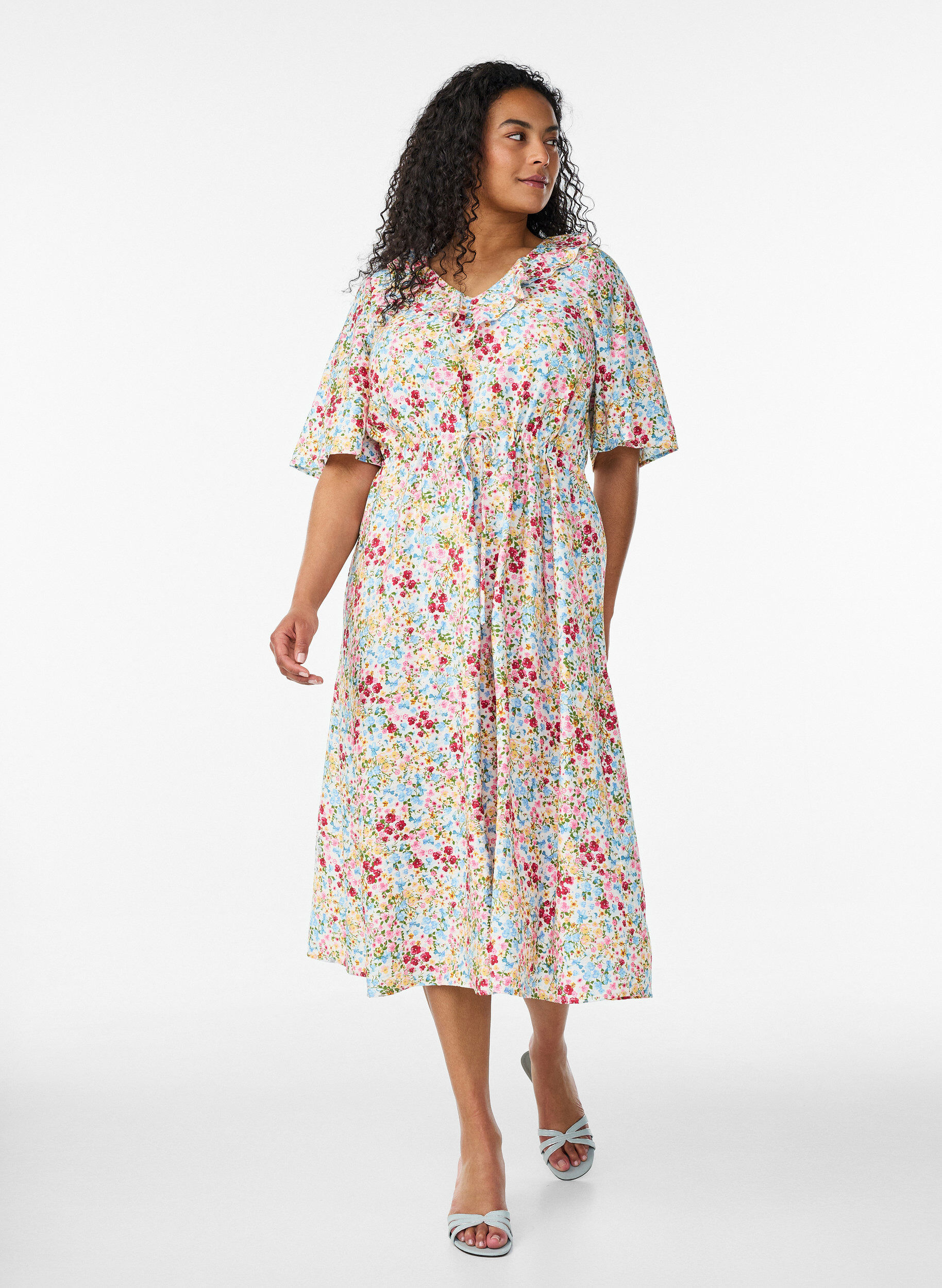 Zizzifashion Viscose midi dress with a floral print and ruffle collar, Rose, Model image number 0
