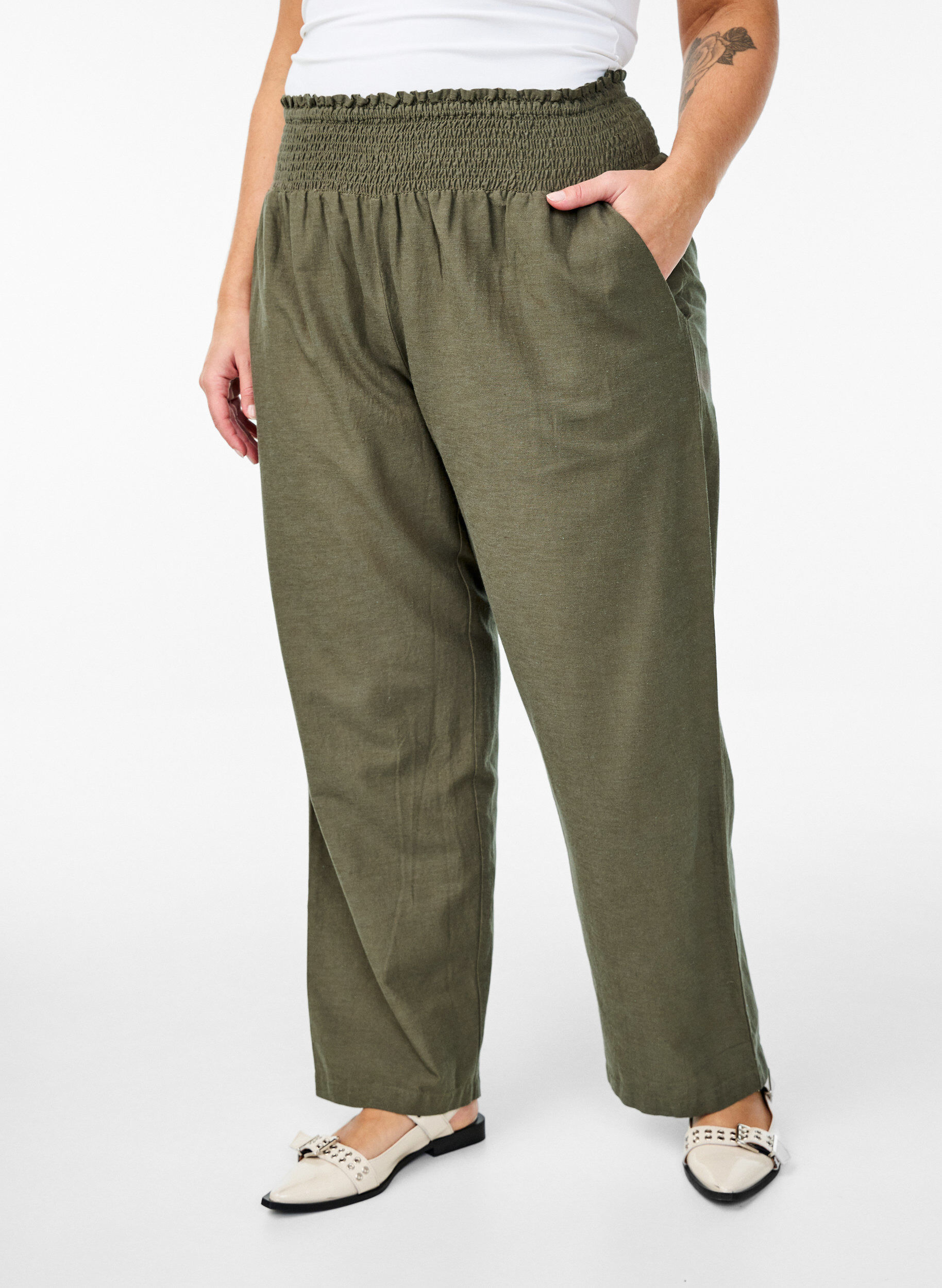 Zizzifashion Smock pants with linen, Green, Model image number 2