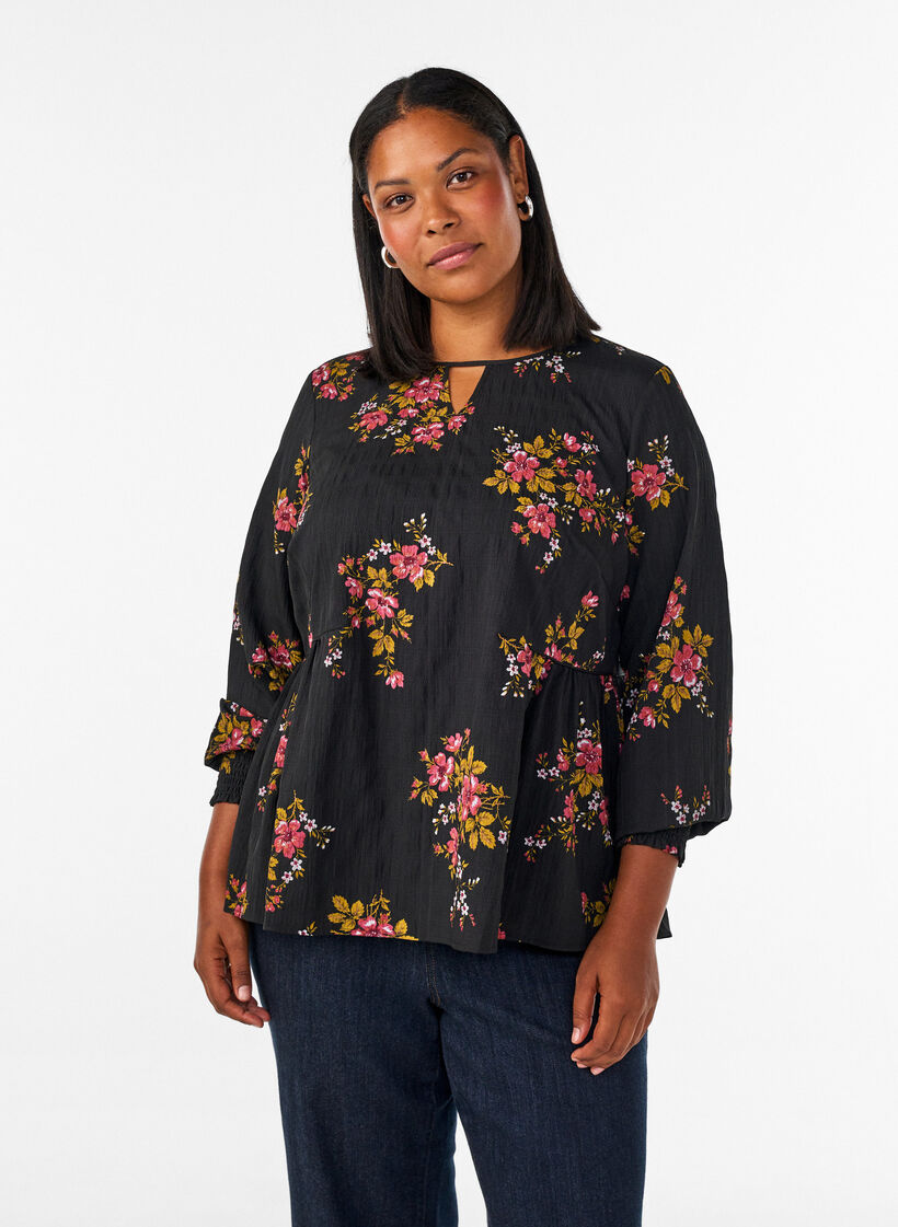 Long-sleeved blouse with floral print, Black, Model image number 0
