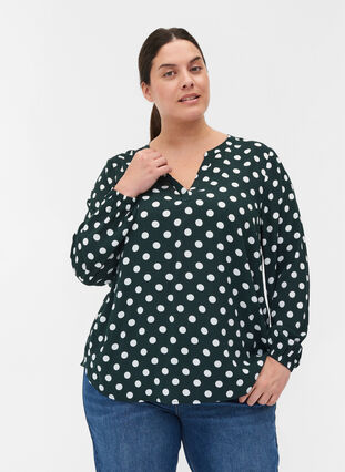 Long-sleeved viscose blouse with V-neck, Scarab w. White Dots, Model image number 0
