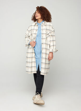 Long checkered shirt jacket, Snow White CHECK, Model image number 2