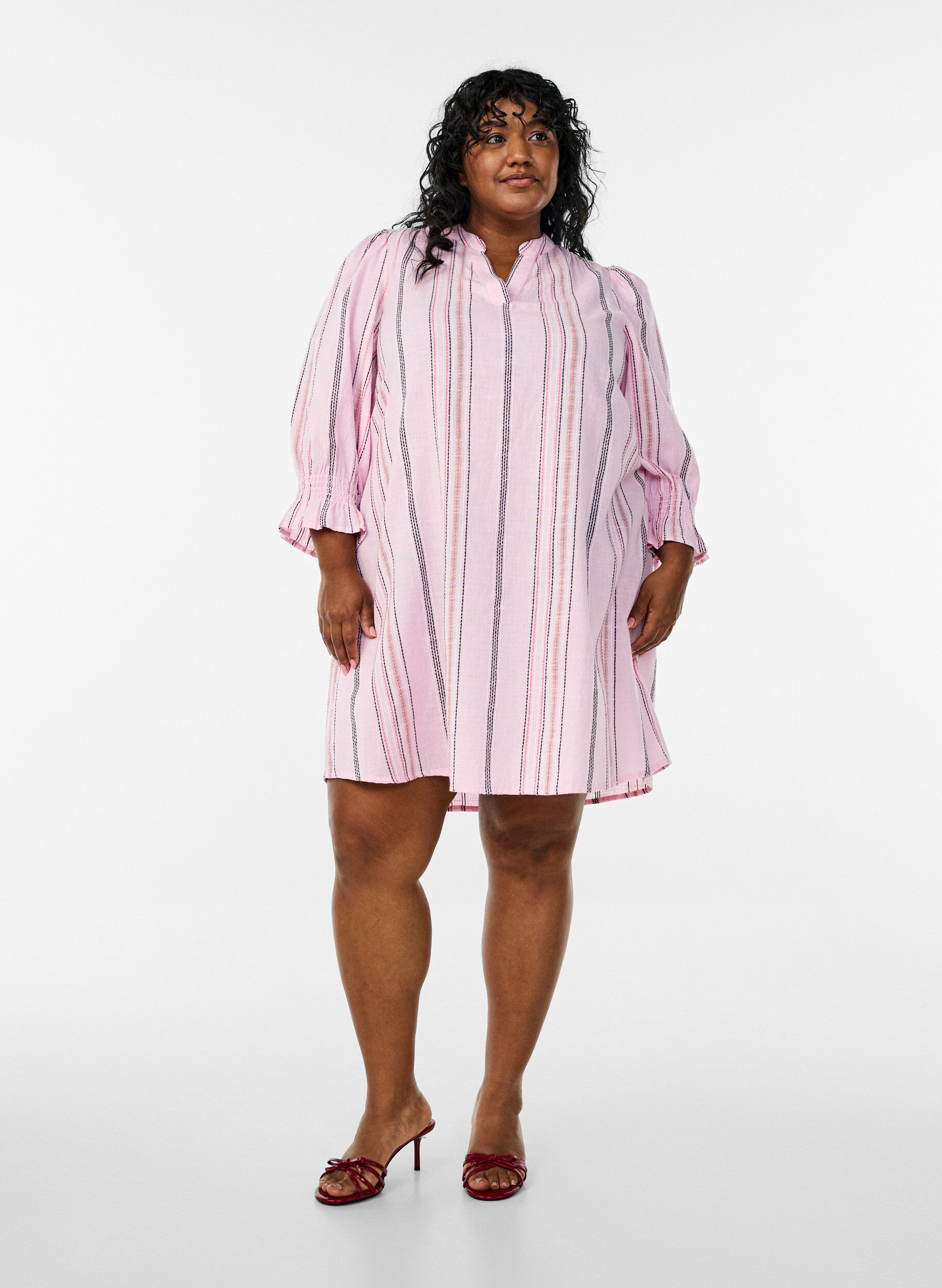 Zizzifashion Short cotton dress with striped pattern, Rose, Model image number 1