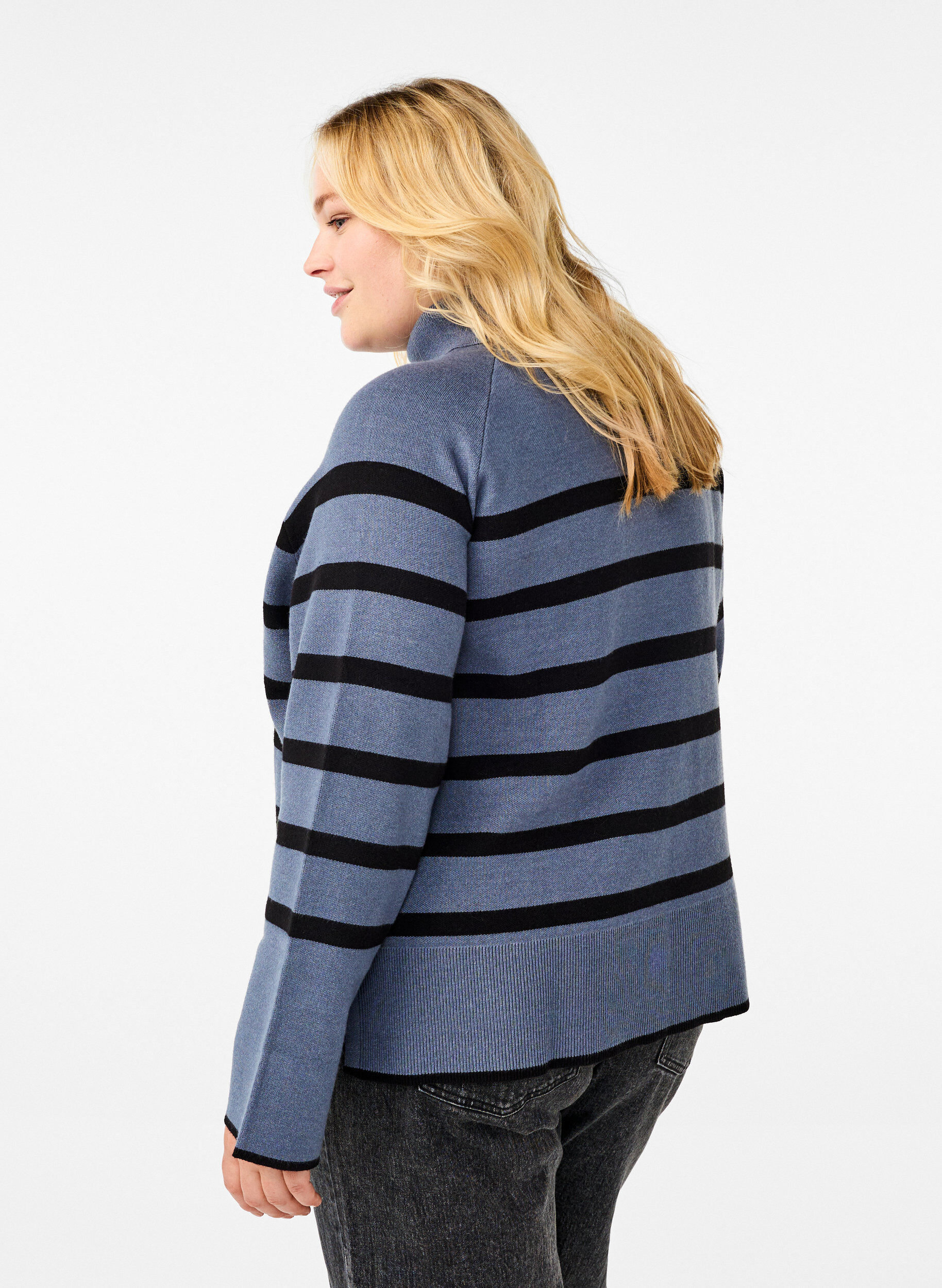 Zizzifashion Striped knitted jumper with a roll neck, B.Sea w.BlackStripes, Model image number 1