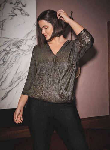 Blouse with a V-neckline and 3/4 length sleeves, Black w Gold, Image image number 0