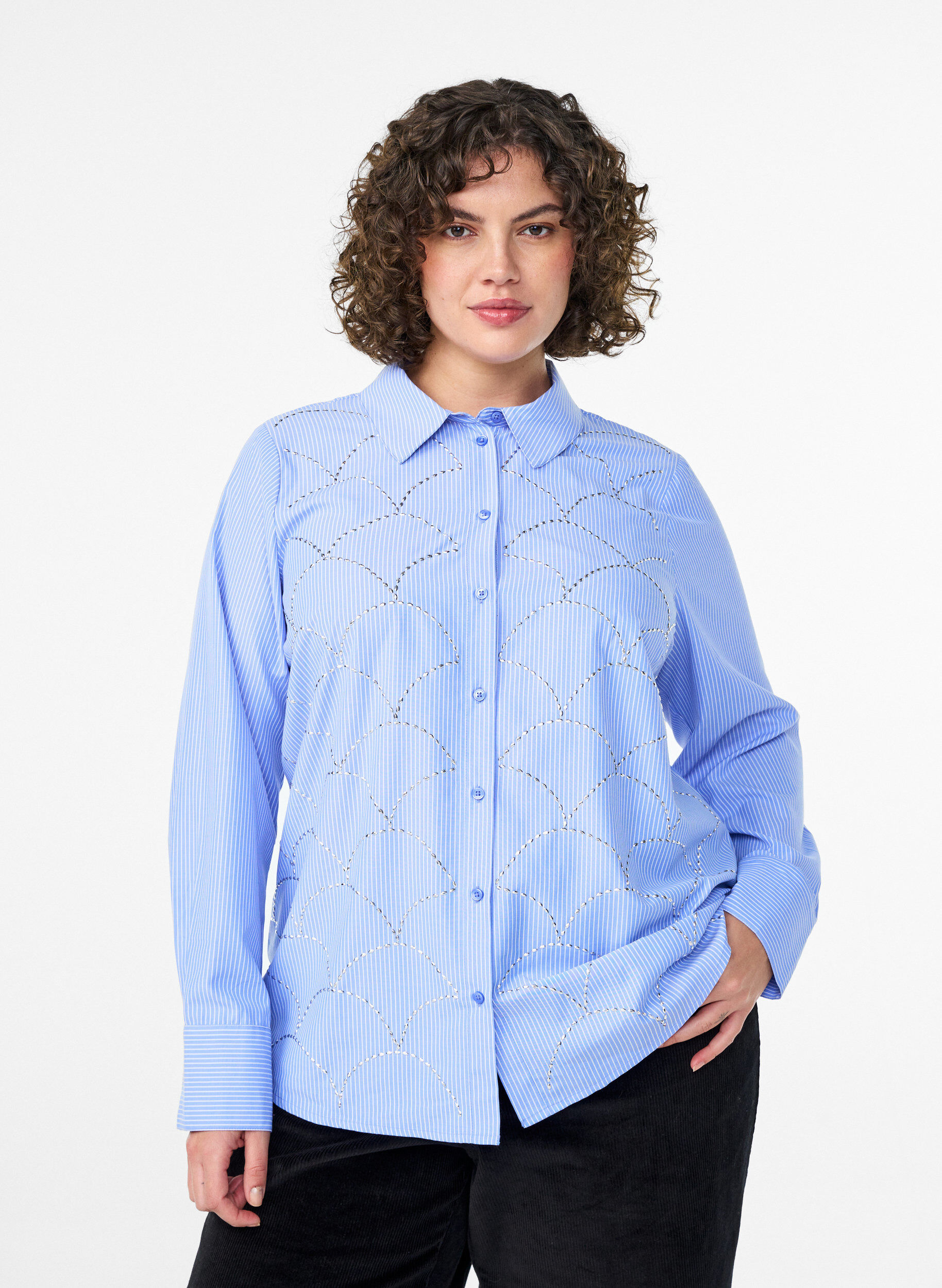 Shirt with stripes and studs, Blue, Model