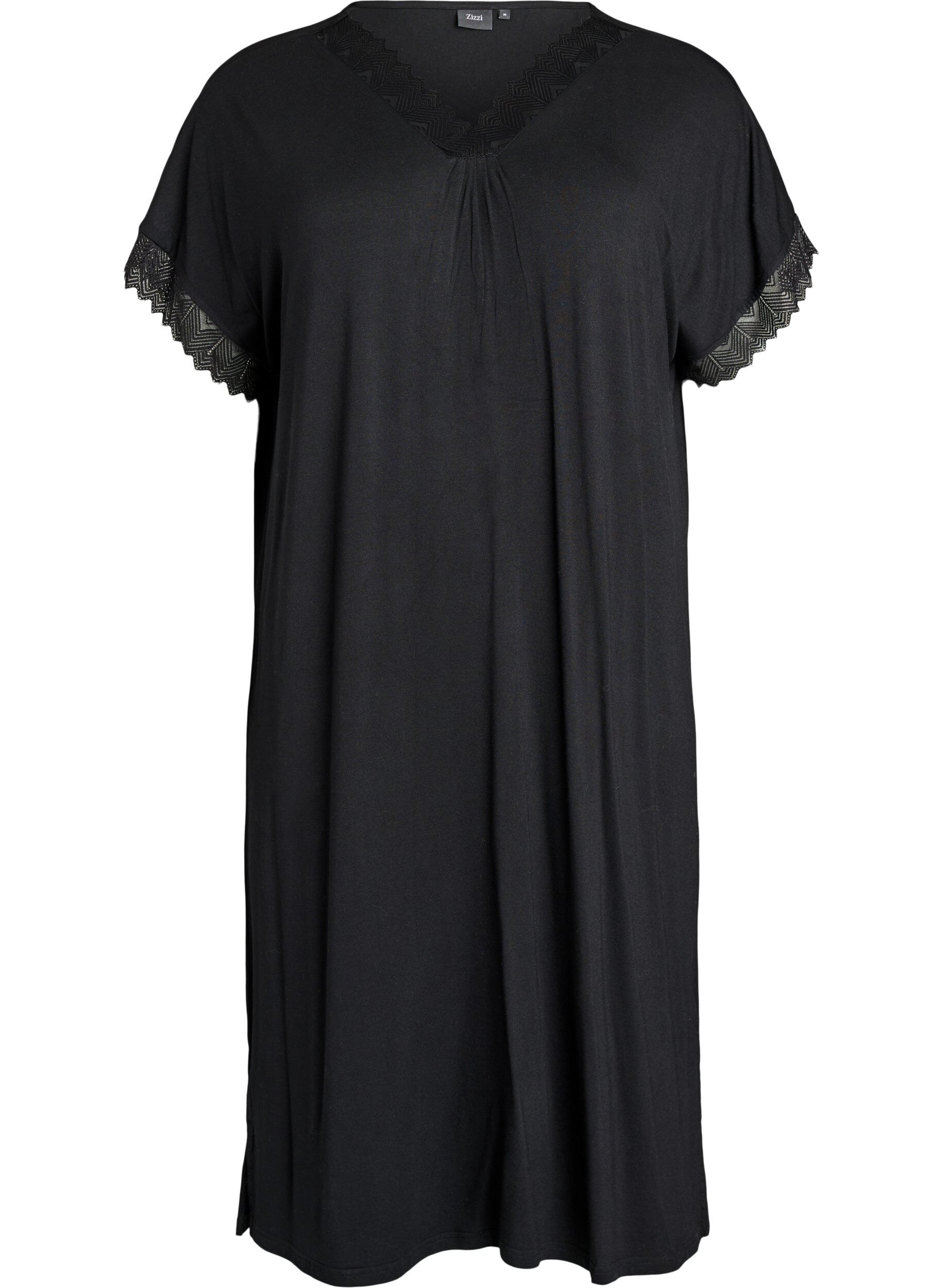 Zizzifashion Viscose nightgown with short sleeves and lace trim, Black, Packshot image number 0