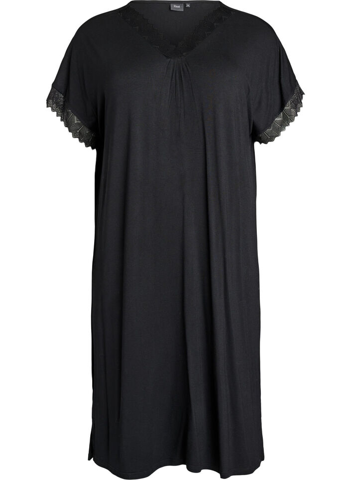 Viscose nightgown with short sleeves and lace trim, Black, Packshot image number 0