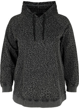 Organic cotton hooded sweatshirt with leopard print, Grey Leo Acid Wash, Packshot image number 0