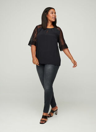 Viscose blouse with lace sleeves, Black, Model image number 2