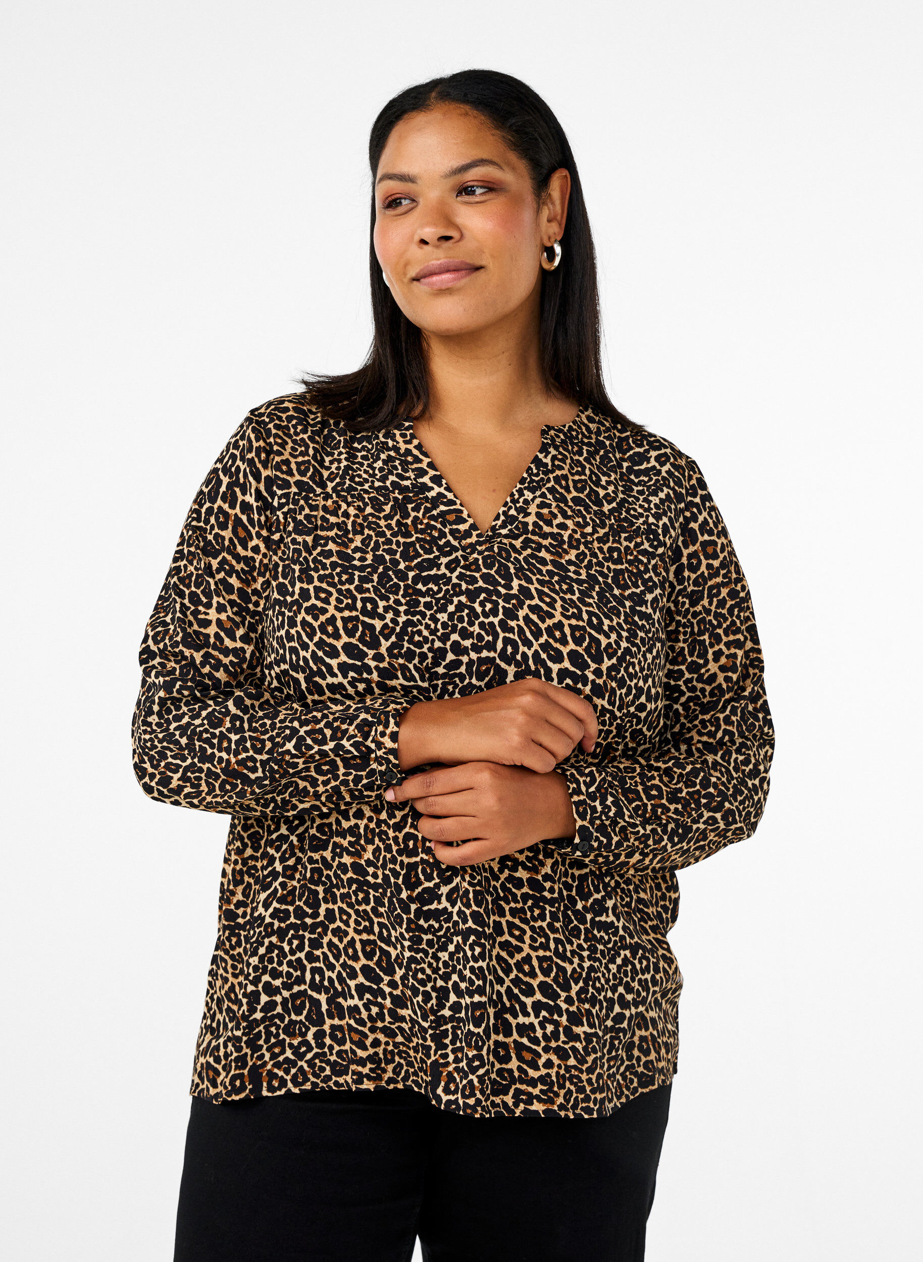 Long-sleeved blouse with leopard print and V-neck, Brown, Model