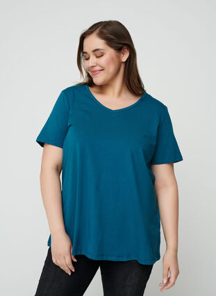 Basic t-shirt with v-neck, Blue Coral, Model image number 0