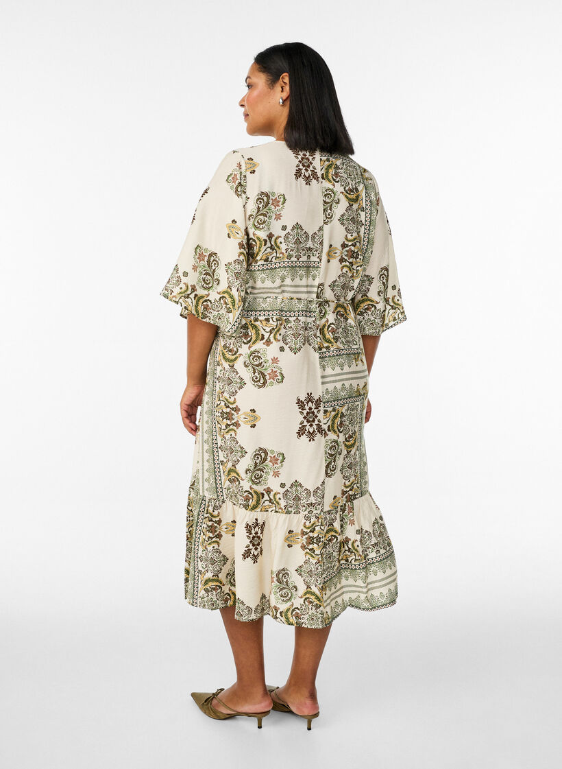 Patterned midi dress in viscose with tie belt, Green, Model image number 1