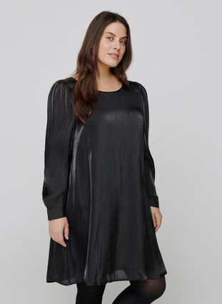 Shiny dress with long puff sleeves, Black, Model image number 0