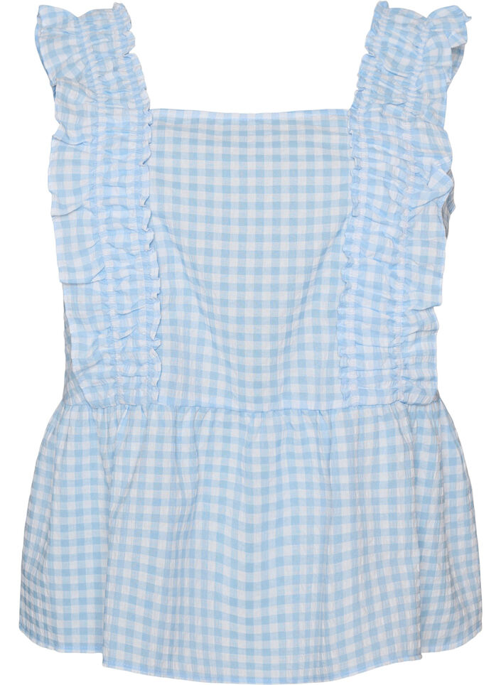 Top with checks and ruffle details, Light Blue, Packshot image number 0