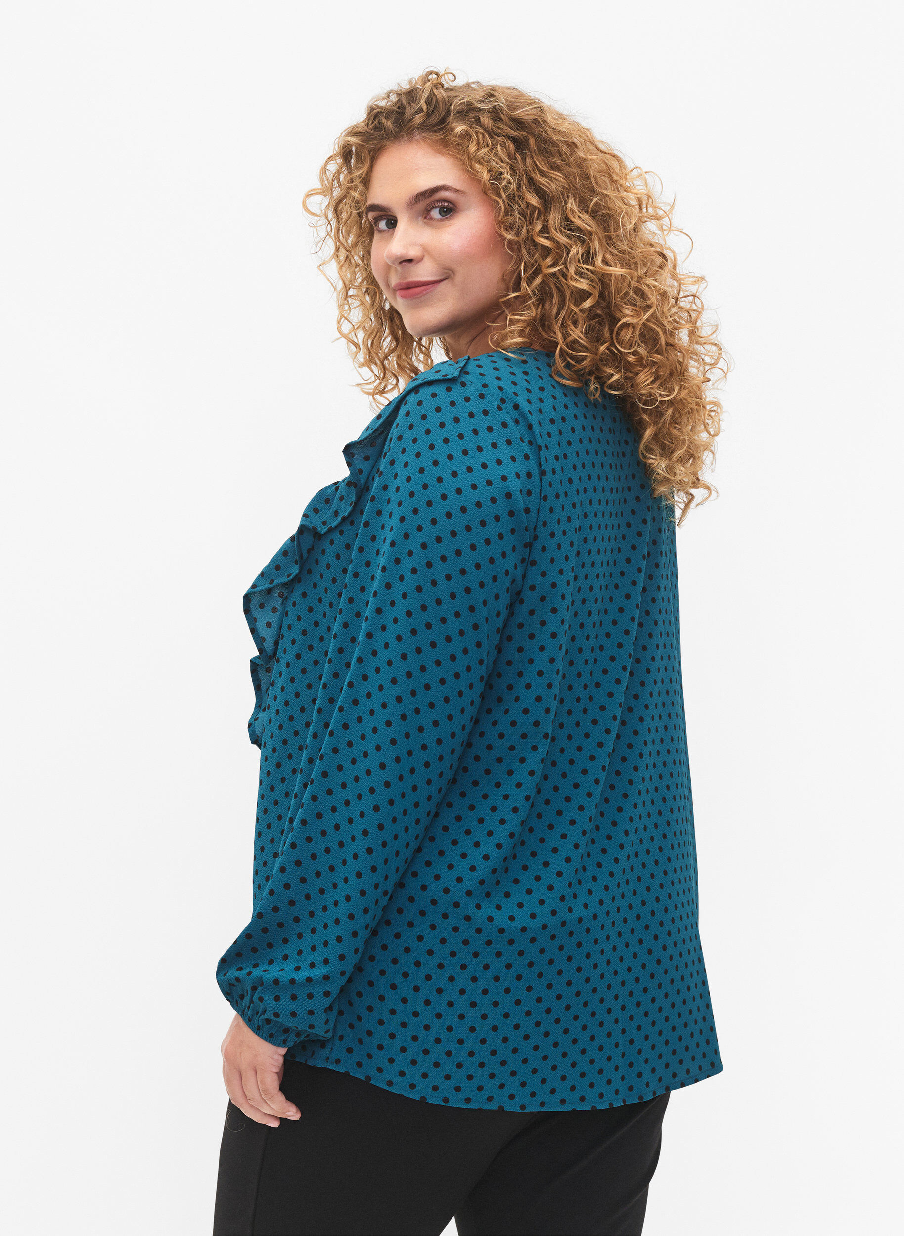 Zizzifashion Long sleeved blouse with ruffles, Shaded Spruce Dot, Model image number 1