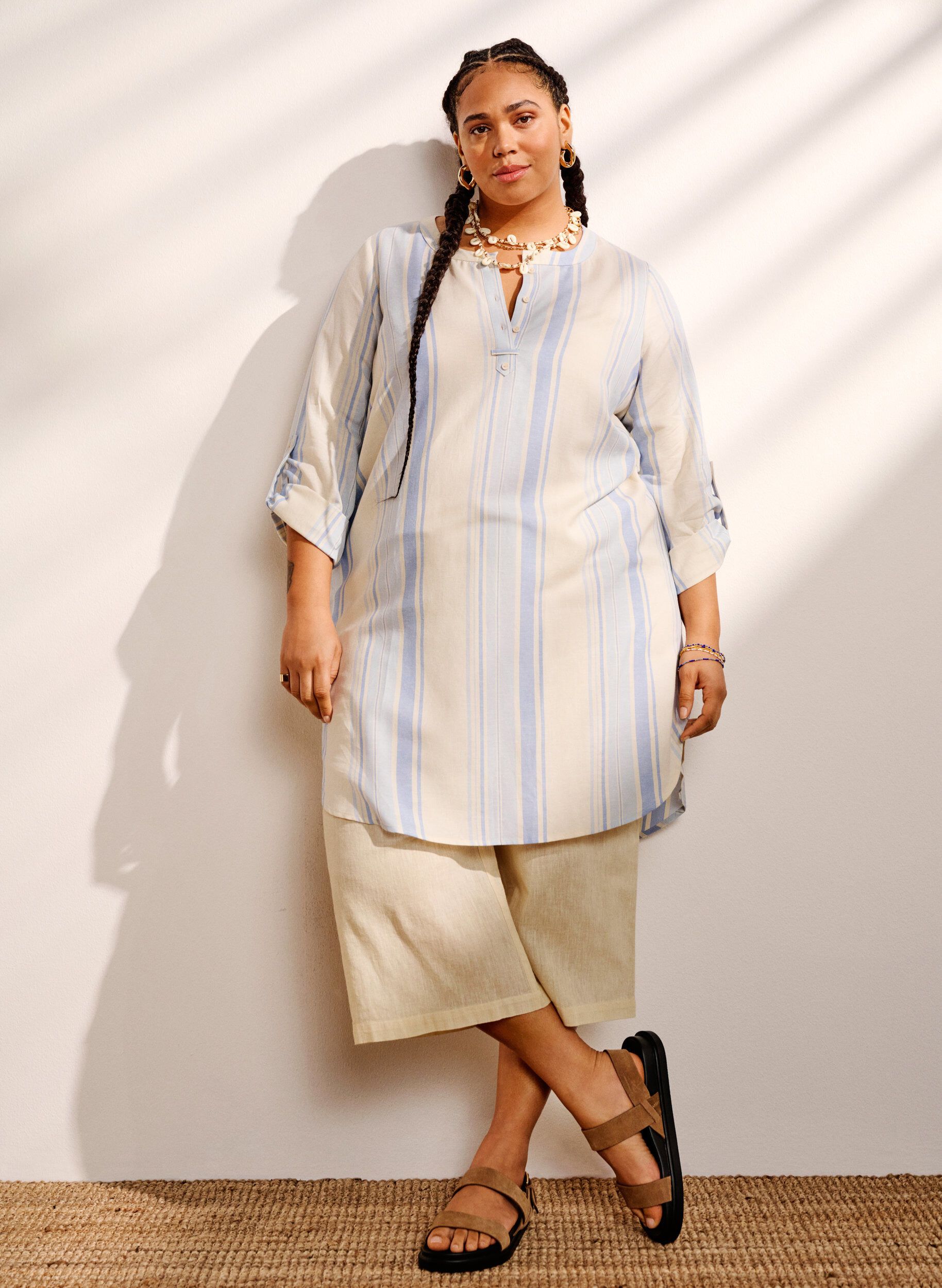 Zizzifashion Striped dress with long sleeves, Birch w. Stripes, Image image number 0