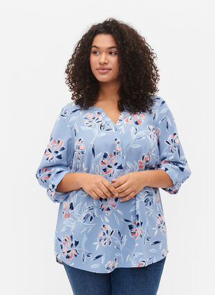 Floral blouse with 3/4 sleeves, Outline Flower, Model image number 0