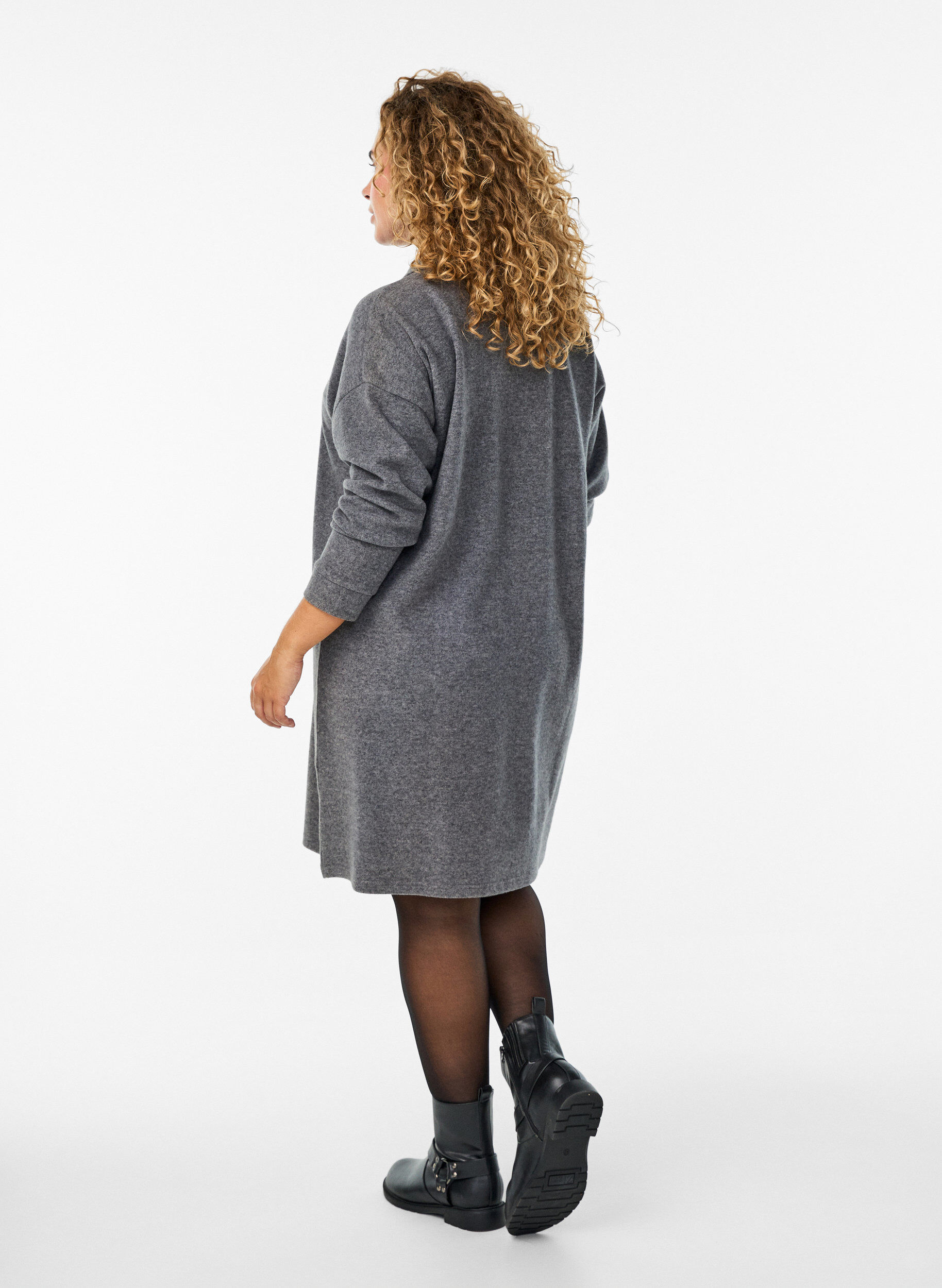 Zizzifashion Knee-length jersey dress with a V-neck and collar, Dark Grey, Model image number 2
