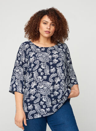 Printed blouse with lace back and 3/4-length sleeves, Night Sky/Paisley, Model image number 0