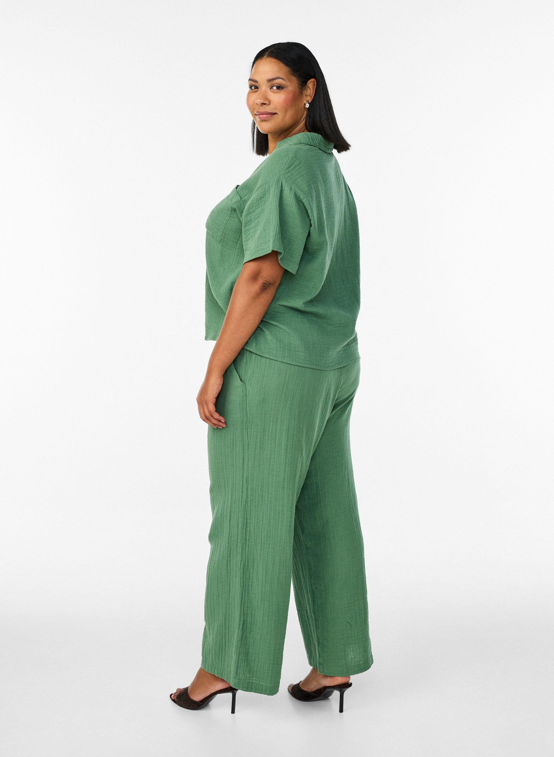 ZizzifashionHigh-waisted cotton muslin trousers with loose legs, Green, Model image number 1