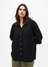 Shirt blouse with button closure in cotton-linen blend, Black, Model