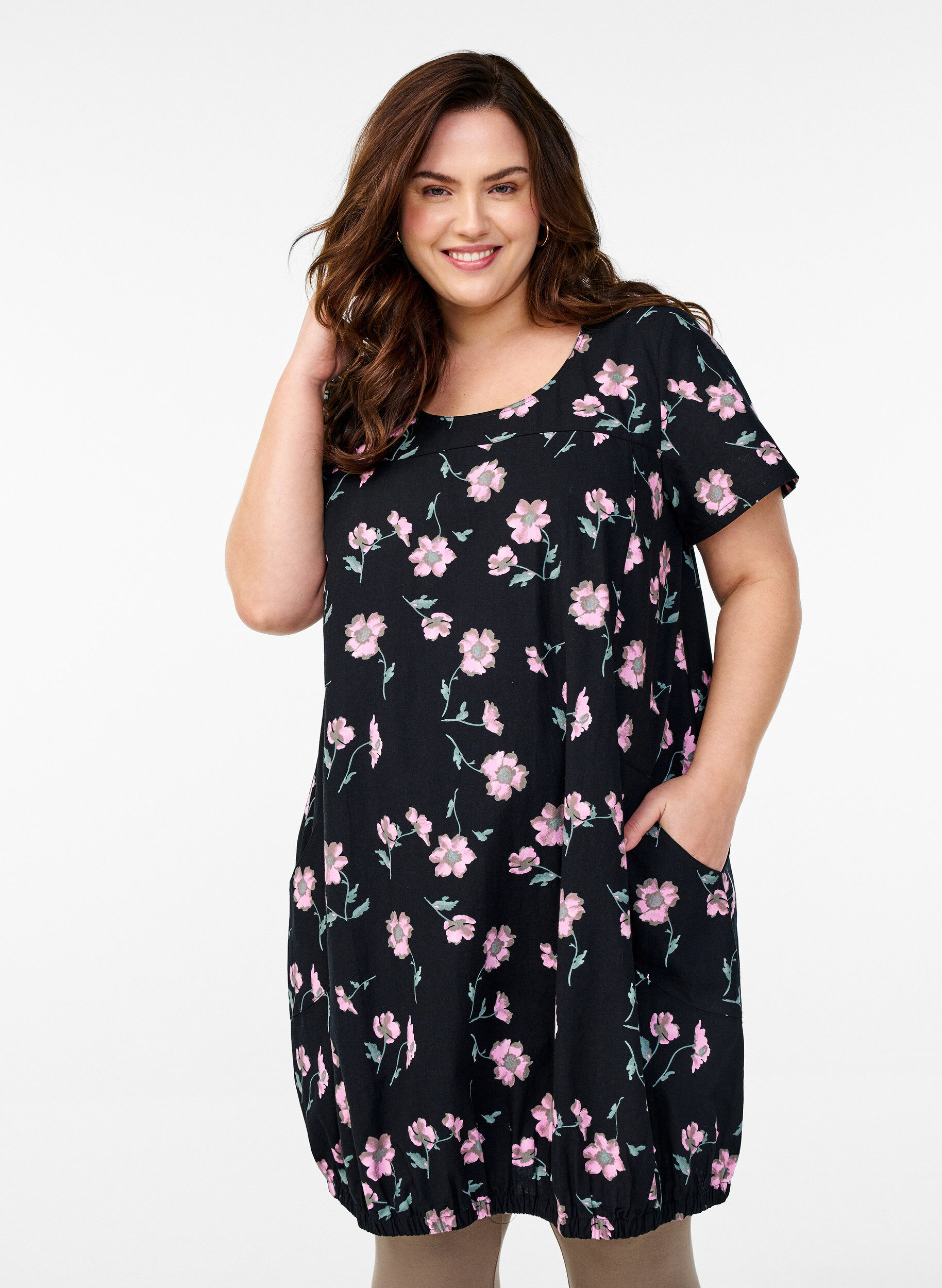 ZizzifashionShort-sleeved cotton dress with print, Black, Model image number 0
