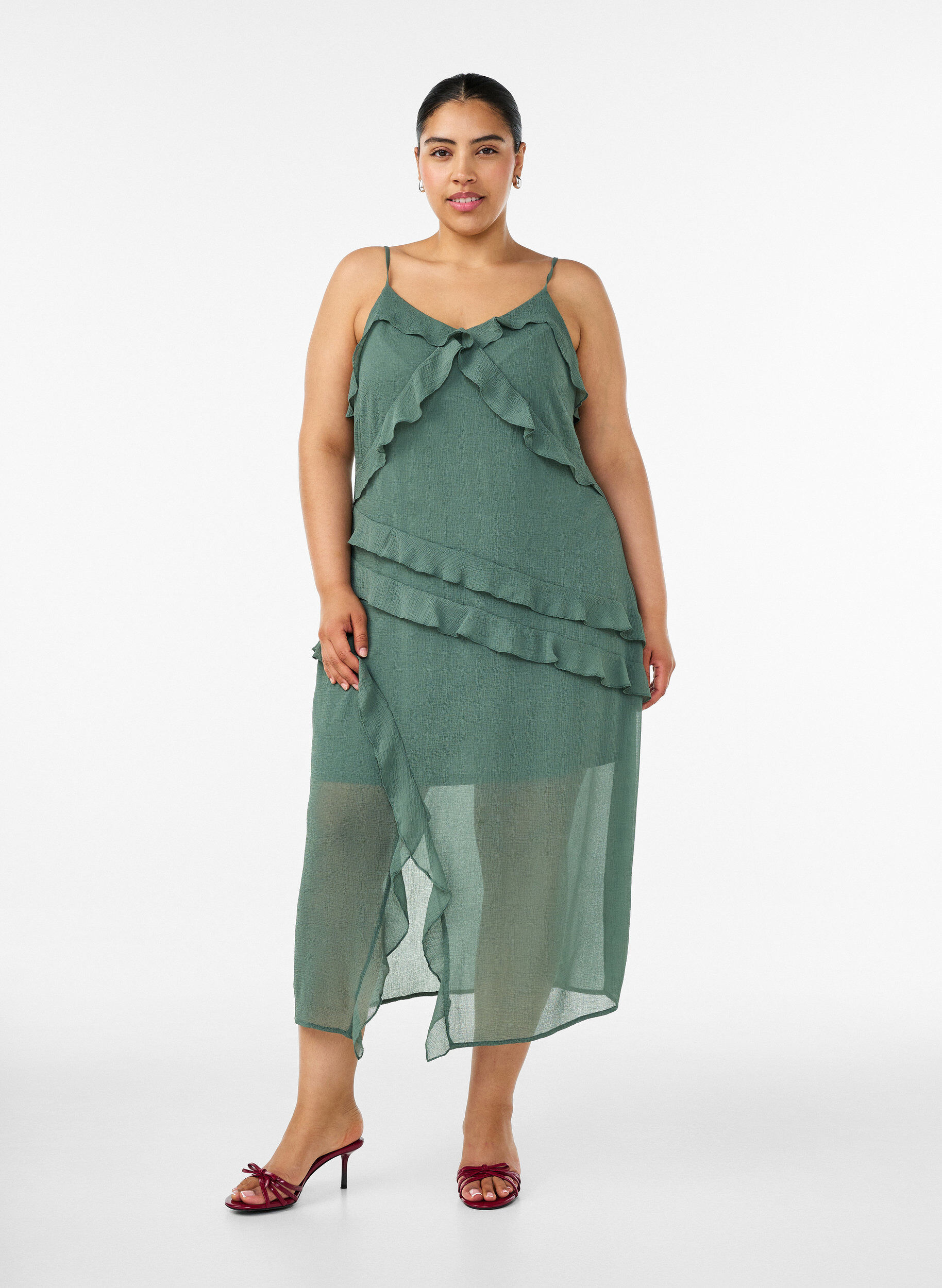 Zizzifashion Chiffon dress with asymmetrical ruffles, Green, Model image number 0