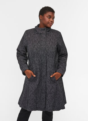 Wool coat with high collar and pockets, Black solid, Model image number 0