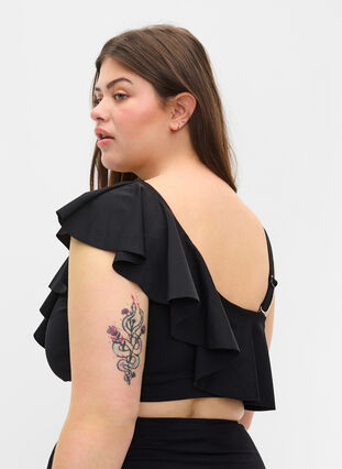 One shoulder bikini top with frill, Black, Model image number 1
