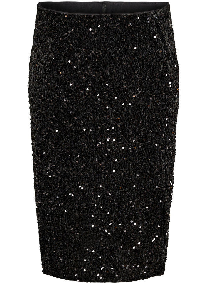Midi skirt with sequins and slits, Black, Packshot image number 0