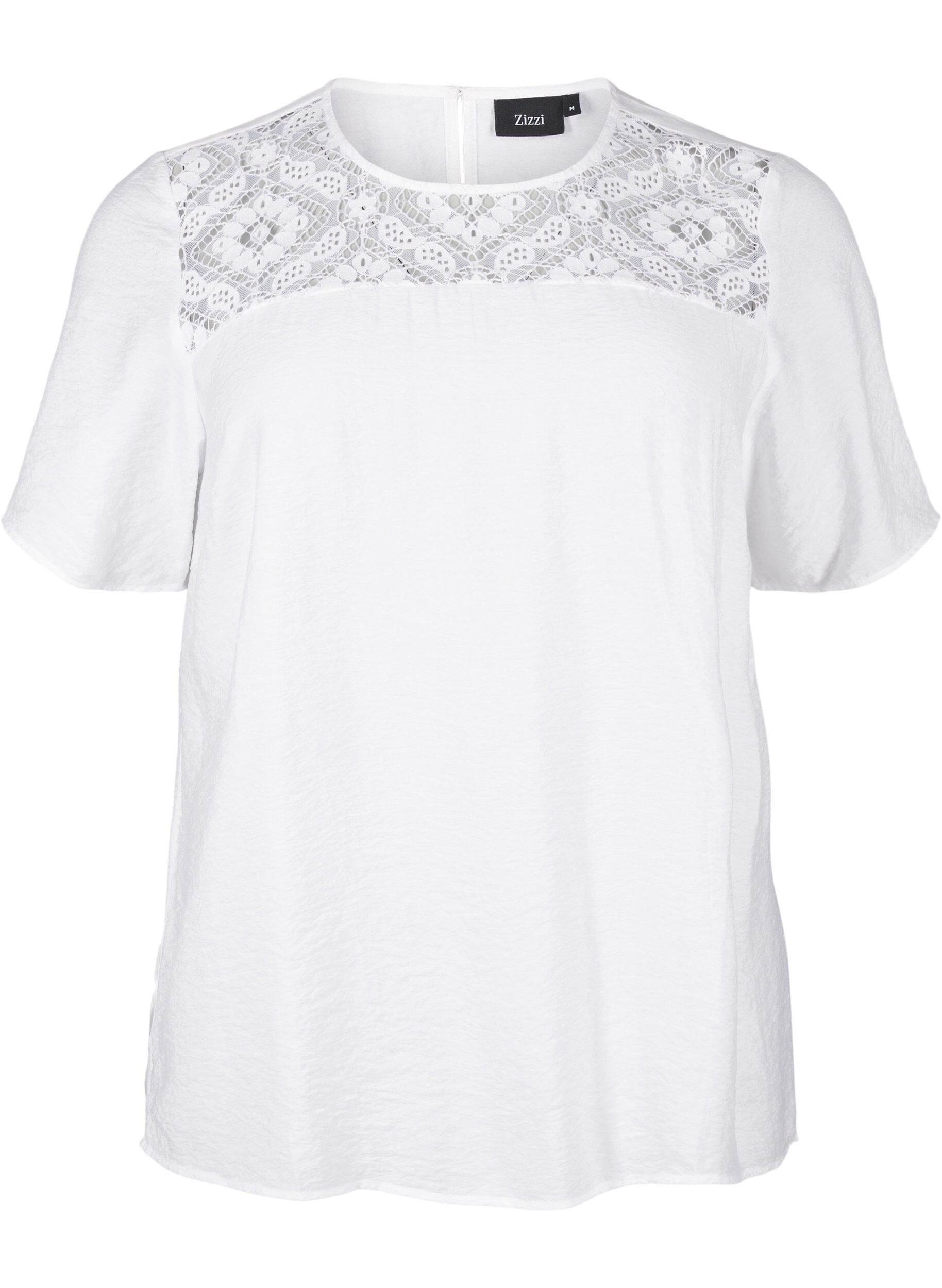 Zizzifashion Short-sleeved viscose blouse with lace detail, Bright White, Packshot image number 0