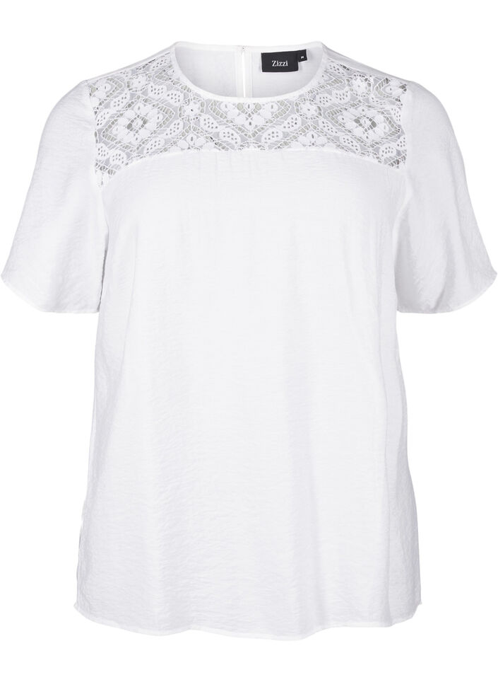 Short-sleeved viscose blouse with lace detail, Bright White, Packshot image number 0
