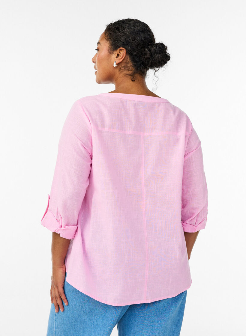 Cotton shirt blouse with V-neck, Pink, Model image number 2