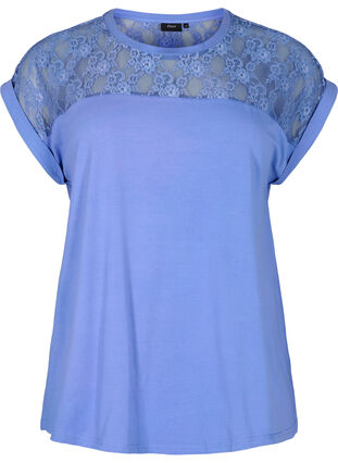 Short-sleeved cotton t-shirt with lace, Persian Jewel, Packshot image number 0