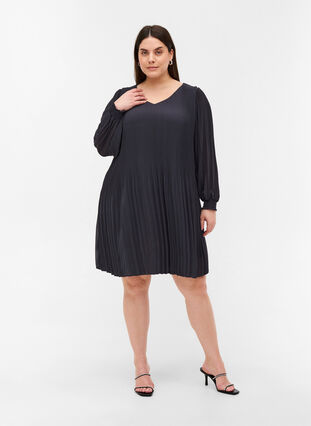 Pleated dress with a v-neck and a-line, Asphalt ASS, Model image number 2