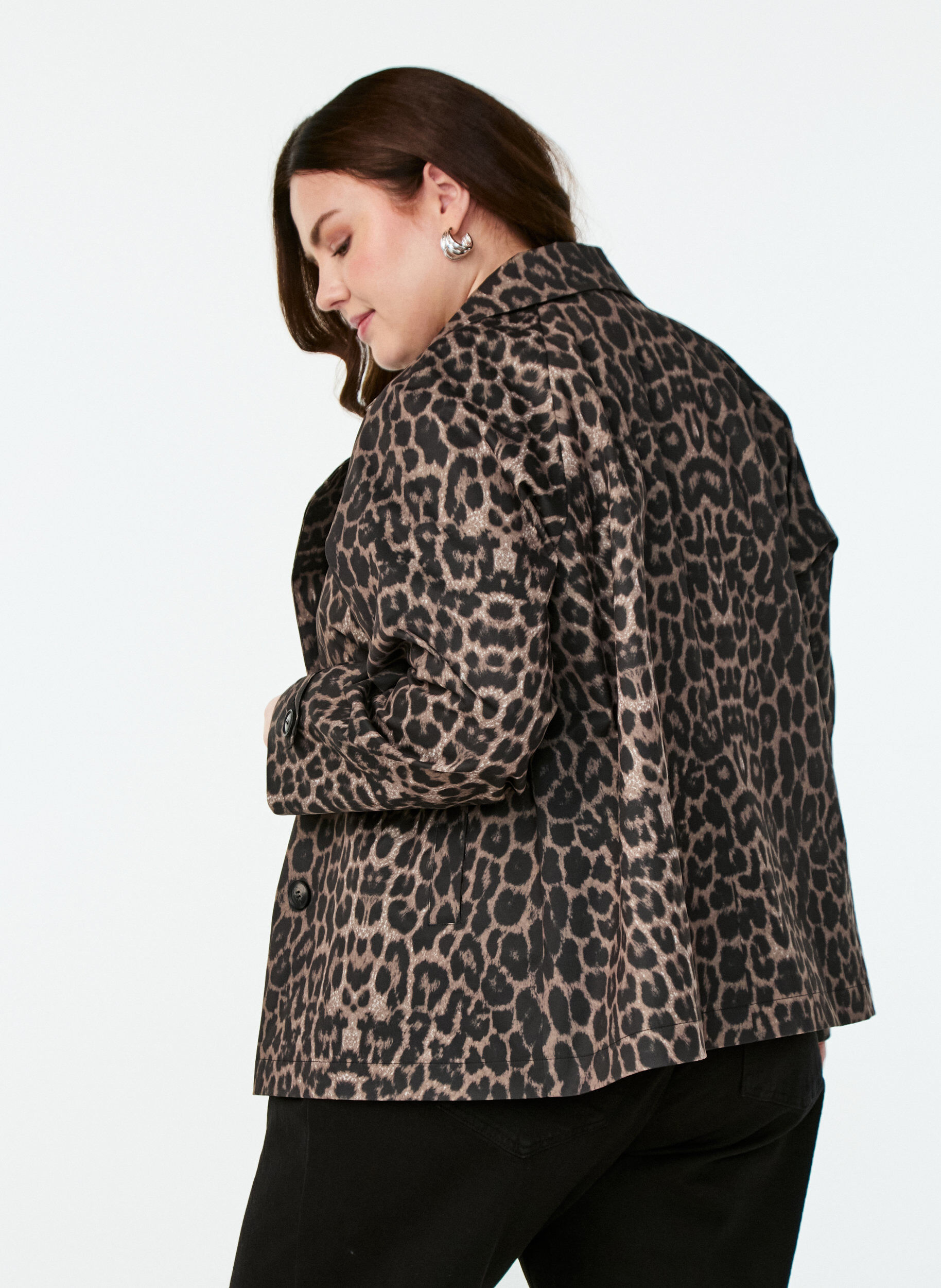 Zizzifashion Double-breasted blazer jacket with leopard print, Brown, Model image number 2