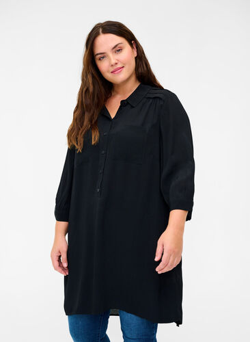 Viscose tunic with buttons and 3/4 sleeves, Black, Model image number 0