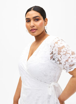 Wrap dress with lace and short sleeves, Bright White, Model image number 2