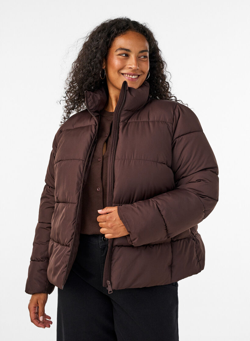 Short puffer jacket with a high collar, Brown, Model image number 0