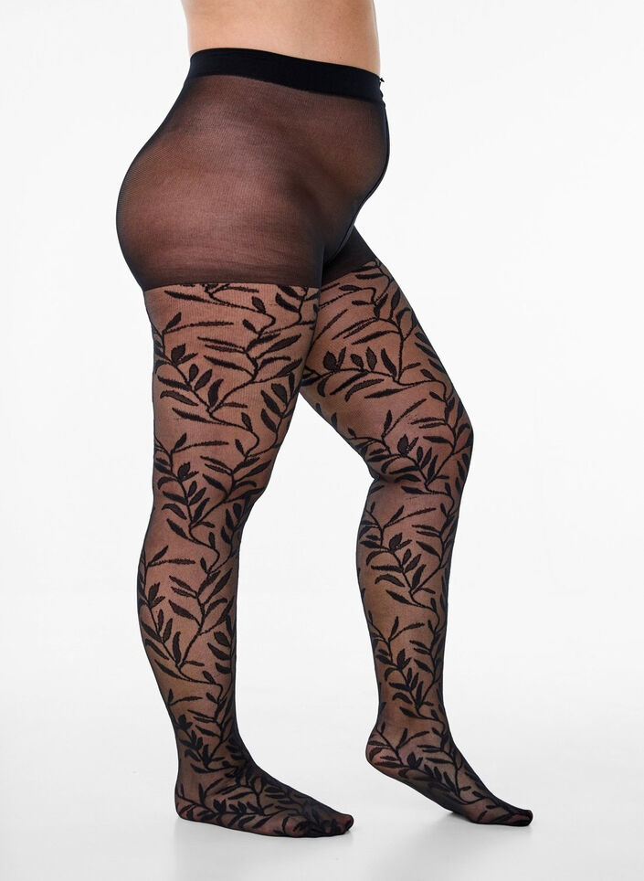 25 denier tights with leaf pattern, Black, Packshot image number 0