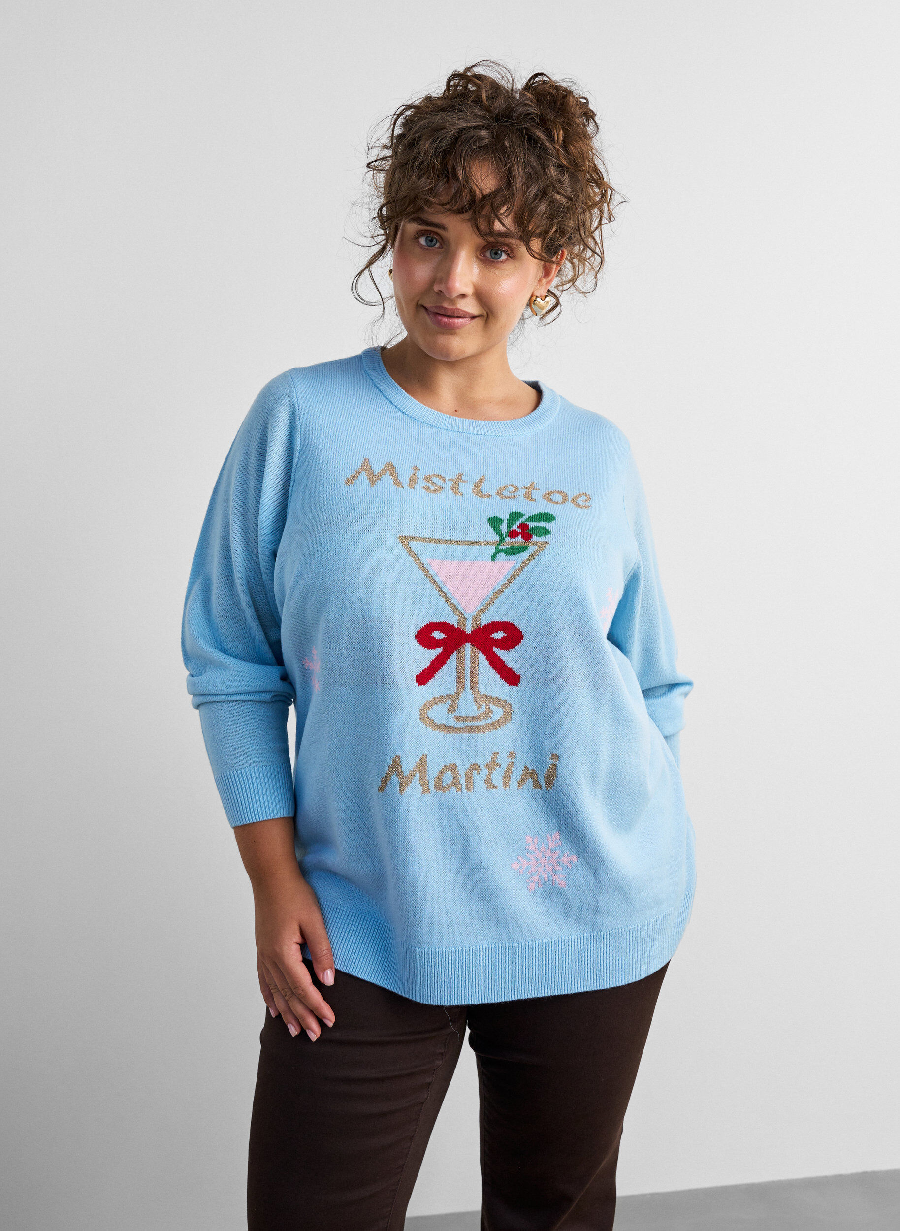 ZizzifashionKnitted blouse with a Christmas motif, Light Blue, Model image number 0