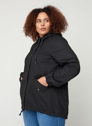 Short jacket with a hood and pockets, Black, Model image number 0