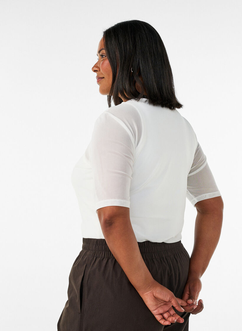 Mesh top with short sleeves and round neck, Vanilla, Model image number 2
