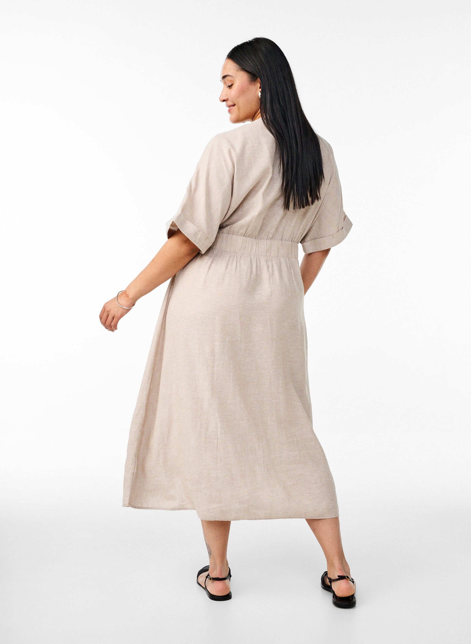 Zizzifashion Linen and viscose midi dress with front slits, Beige, Model image number 1