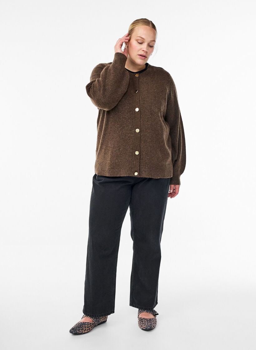 Cardigan in soft knit with gold-coloured buttons, Brown, Model image number 1